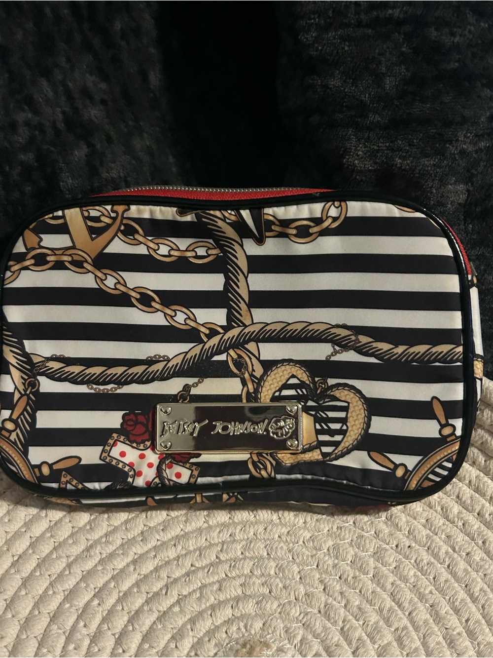 Betsey Johnson Black, White & Gold Striped Cosmetic Pouch with Red Trim